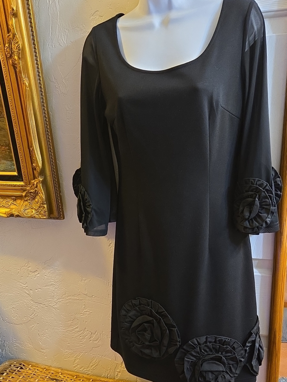 Black Midi Dress with Sheer Sleeves and Rosette Cuffs